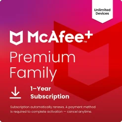 McAfee+ Premium Family Unlimited Devices 2026, 1-Year Subscription with Auto-Renewal, Digital Download