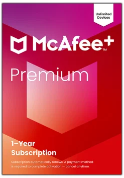McAfee+ Premium Individual Antivirus And Internet Security Software, Unlimited Devices, 1-Year Subscription, Auto-Renewal, Product Key, MPP41EODURPIM