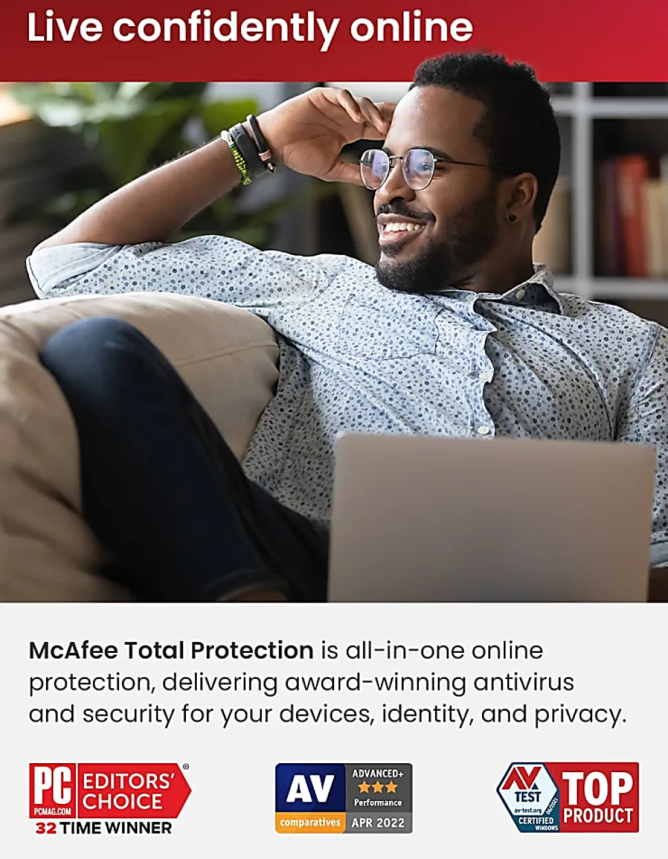 McAfee® Total Protection Antivirus & Internet Security Software, For 5 Devices, 1-Year Subscription, Windows®/Mac®/Android/iOS/Chrome OS, Product Key