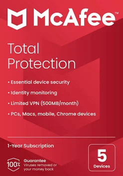 McAfee® Total Protection Antivirus & Internet Security Software, For 5 Devices, 1-Year Subscription, Windows®/Mac®/Android/iOS/Chrome OS, Product Key