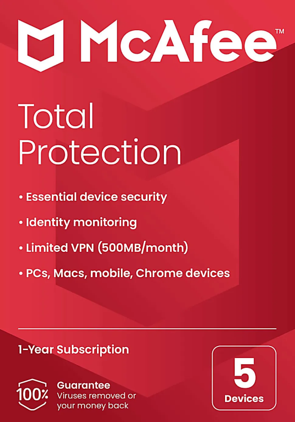 McAfee® Total Protection Antivirus & Internet Security Software, For 5 Devices, 1-Year Subscription, Windows®/Mac®/Android/iOS/Chrome OS, Product Key