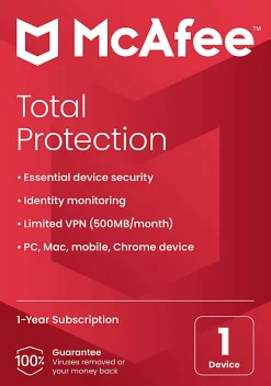 McAfee® Total Protection Antivirus & Internet Security Software, For One Device, 1-Year Subscription, Windows®/Mac®/Android/iOS/ChromeOS, Product Key
