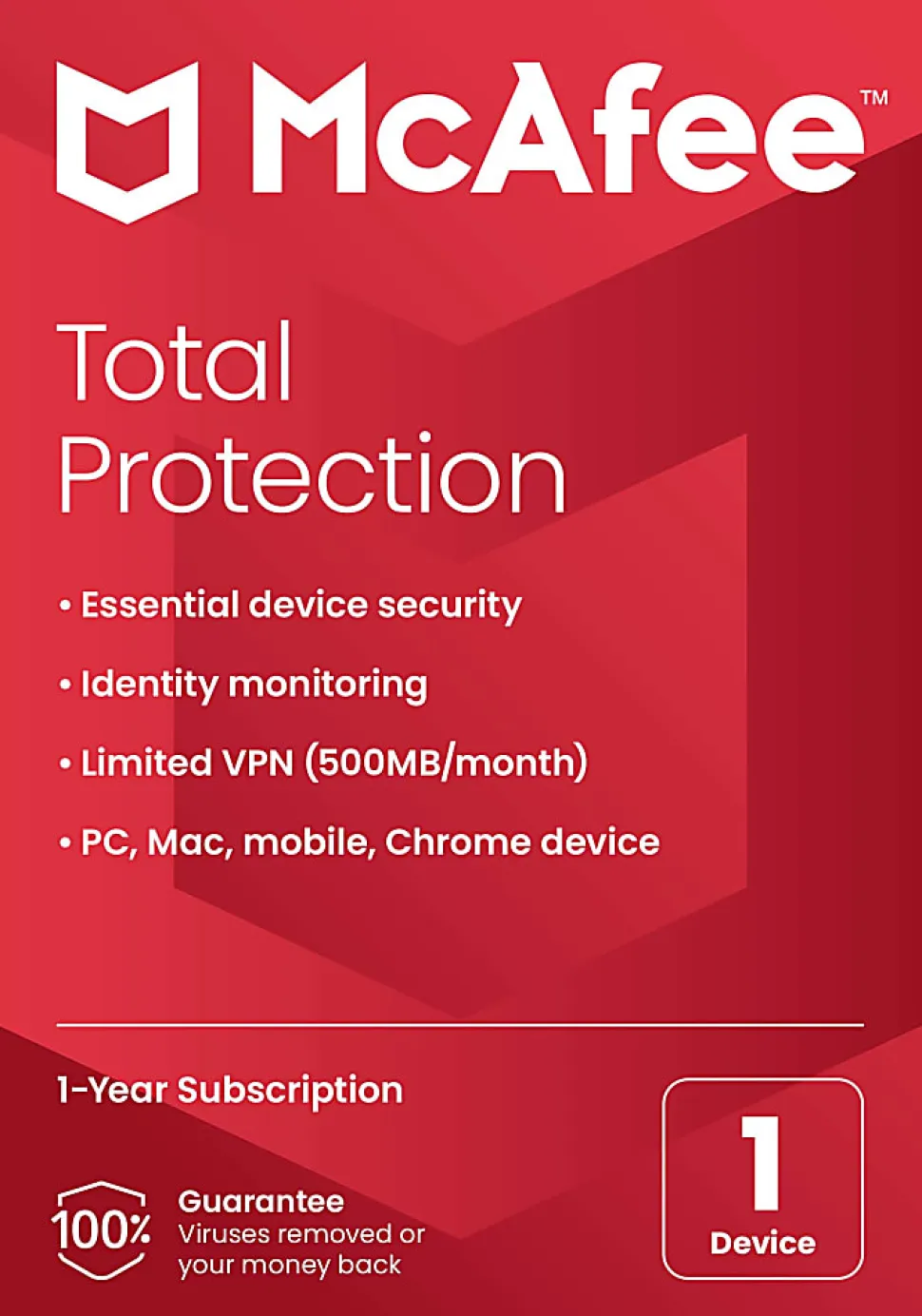 McAfee® Total Protection Antivirus & Internet Security Software, For One Device, 1-Year Subscription, Windows®/Mac®/Android/iOS/ChromeOS, Product Key