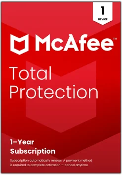 McAfee® Total Protection Antivirus & Internet Security Software, 1 Device, 1-Year Subscription, Auto-Renewal, Product Key, MTP41EOD1RAAM