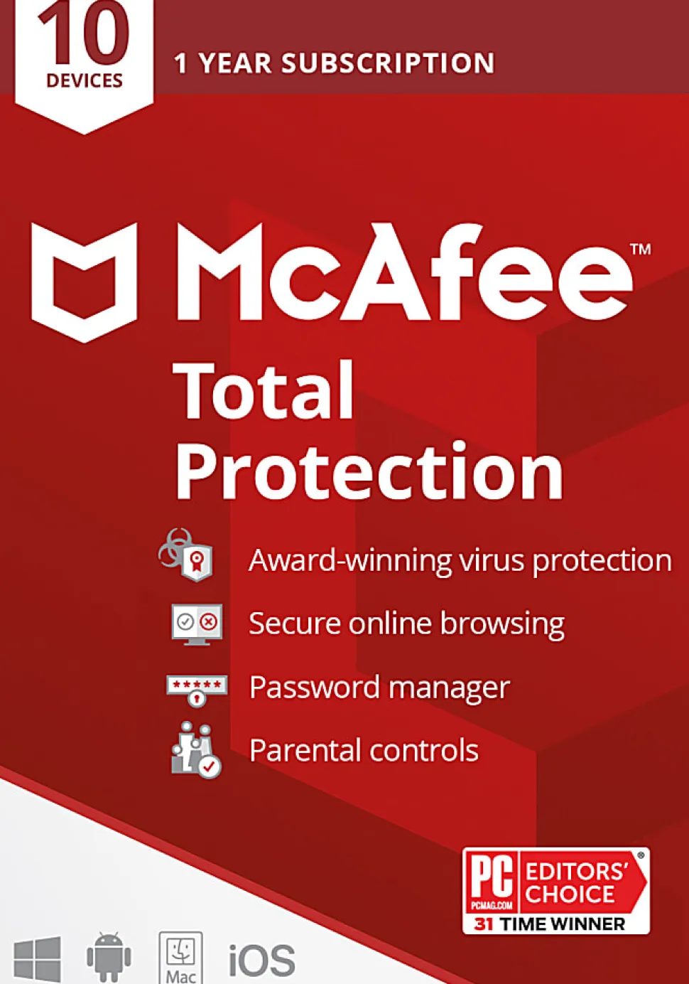 McAfee® Total Protection, For 10 Devices, Antivirus Security Software, 1-Year Subscription, Product Key