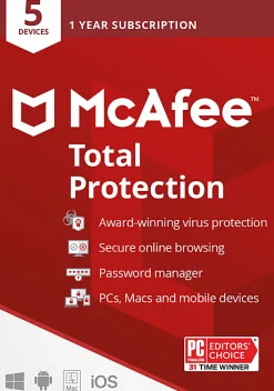 McAfee® Total Protection, For 5 Devices, Antivirus Security Software, 1-Year Subscription, Product Key