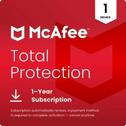 McAfee Total Protection (Windows, macOS, Android, iOS, ChromeOS) 2026, 1 Device, 1-Year Subscription with Auto-Renewal, Digital Download