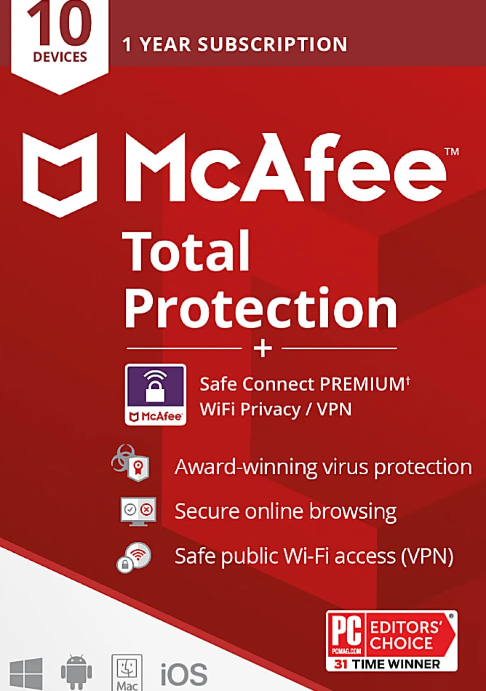 McAfee® Total Protection with VPN, 10 Devices, Antivirus Software, 1-Year Subscription, Product Key