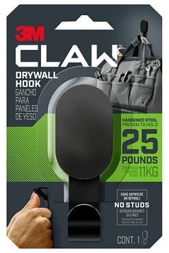 3M CLAW 25 lb. Drywall Hooks, Black, Great for Hanging Backpacks, Jackets, Bath Towels and Home Décor, 1 Hook