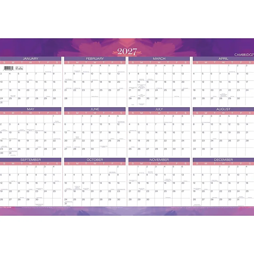 Mead Cambridge® Filbert 2026-2027 Erasable Wall Calendar, Reversible Academic Year/Regular Year, Large, 24" x 36"