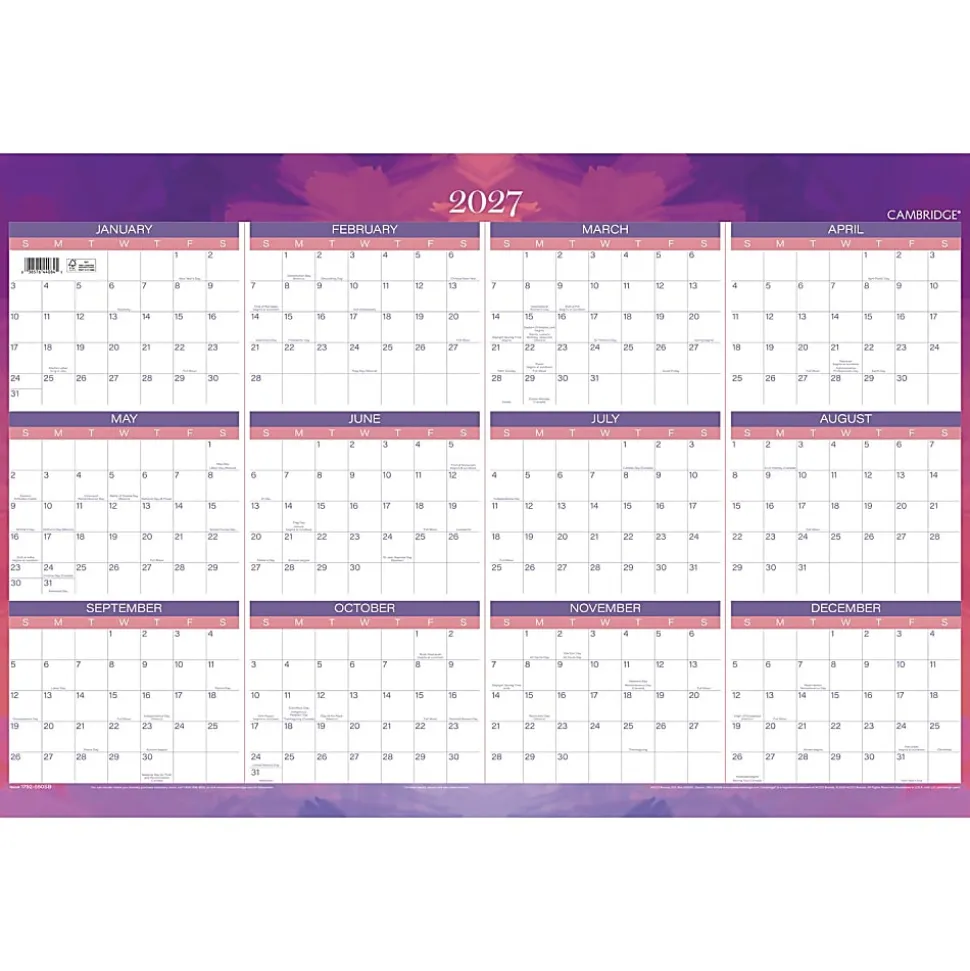Mead Cambridge® Filbert 2026-2027 Erasable Wall Calendar, Reversible Academic Year/Regular Year, Large, 24" x 36"
