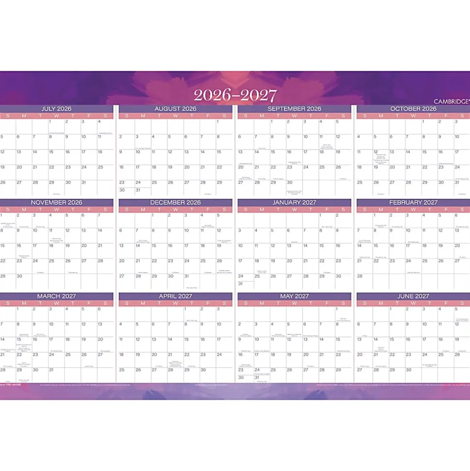 Mead Cambridge® Filbert 2026-2027 Erasable Wall Calendar, Reversible Academic Year/Regular Year, Large, 24" x 36"