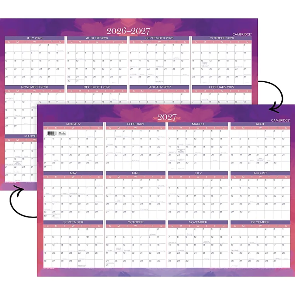 Mead Cambridge® Filbert 2026-2027 Erasable Wall Calendar, Reversible Academic Year/Regular Year, Large, 24" x 36"