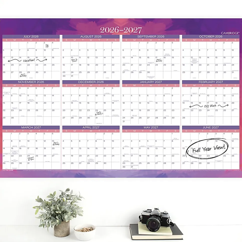 Mead Cambridge® Filbert 2026-2027 Erasable Wall Calendar, Reversible Academic Year/Regular Year, Large, 24" x 36"