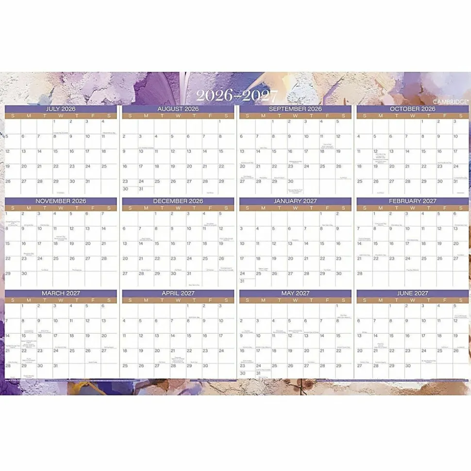 Mead Cambridge® Susan 2026-2027 Erasable Wall Calendar, Reversible Academic Year/Regular Year, Extra Large, 24" x 36"