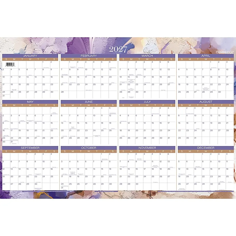 Mead Cambridge® Susan 2026-2027 Erasable Wall Calendar, Reversible Academic Year/Regular Year, Extra Large, 24" x 36"
