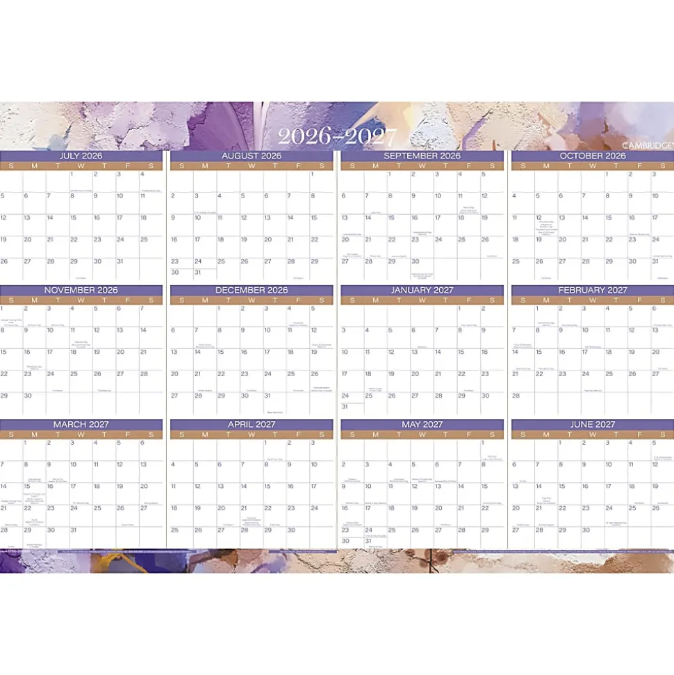 Mead Cambridge® Susan 2026-2027 Erasable Wall Calendar, Reversible Academic Year/Regular Year, Extra Large, 24" x 36"