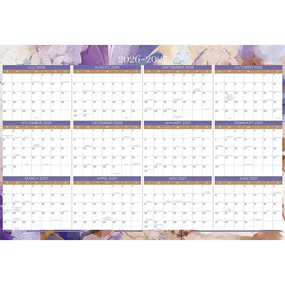 Mead Cambridge® Susan 2026-2027 Erasable Wall Calendar, Reversible Academic Year/Regular Year, Extra Large, 24" x 36"