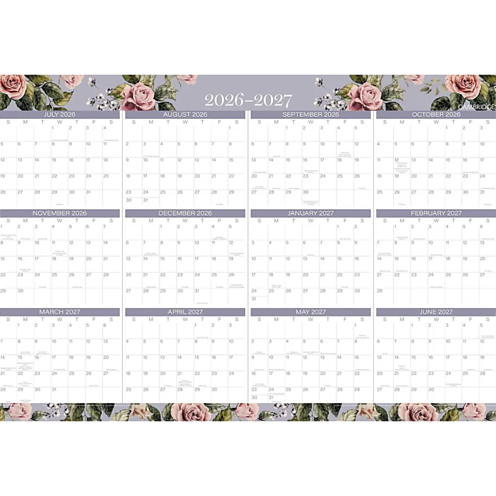 Mead Cambridge® Tea Rose 2026-2027 Erasable Wall Calendar, Reversible Academic Year/Regular Year, Large, 24" x 36"