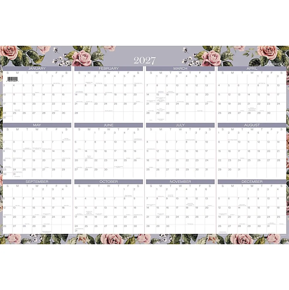 Mead Cambridge® Tea Rose 2026-2027 Erasable Wall Calendar, Reversible Academic Year/Regular Year, Large, 24" x 36"