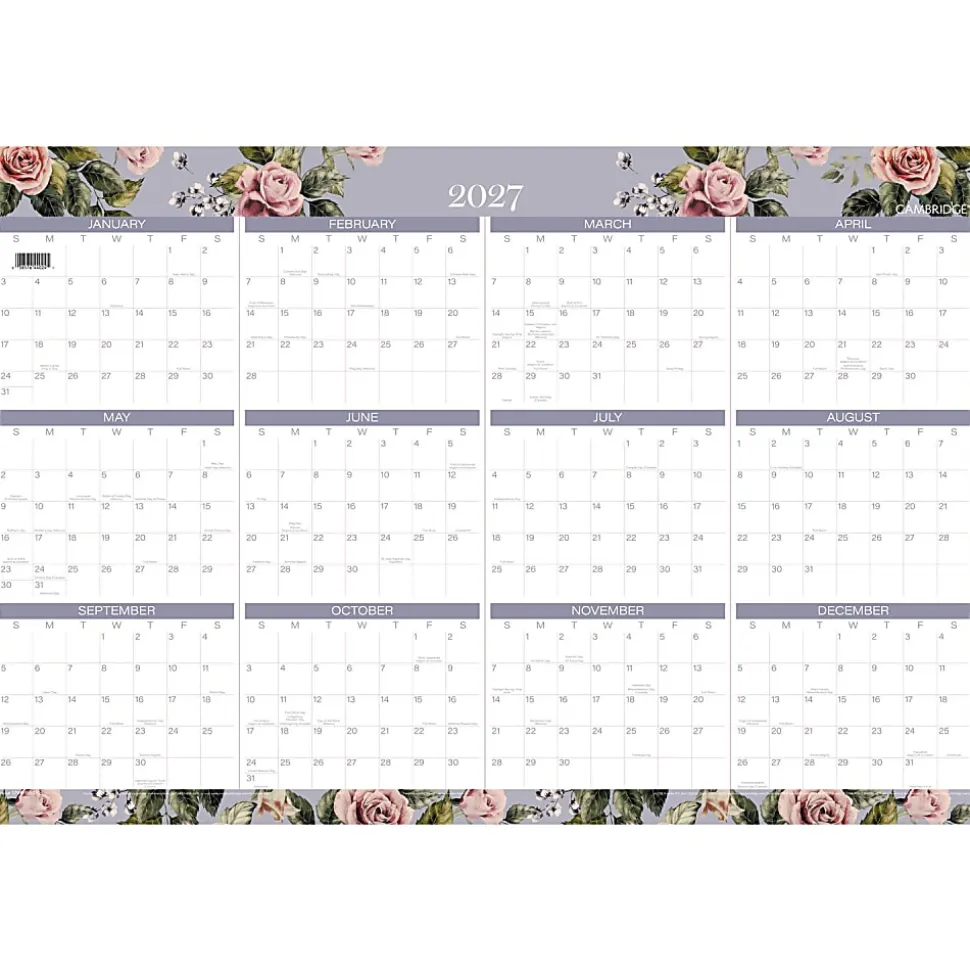 Mead Cambridge® Tea Rose 2026-2027 Erasable Wall Calendar, Reversible Academic Year/Regular Year, Large, 24" x 36"