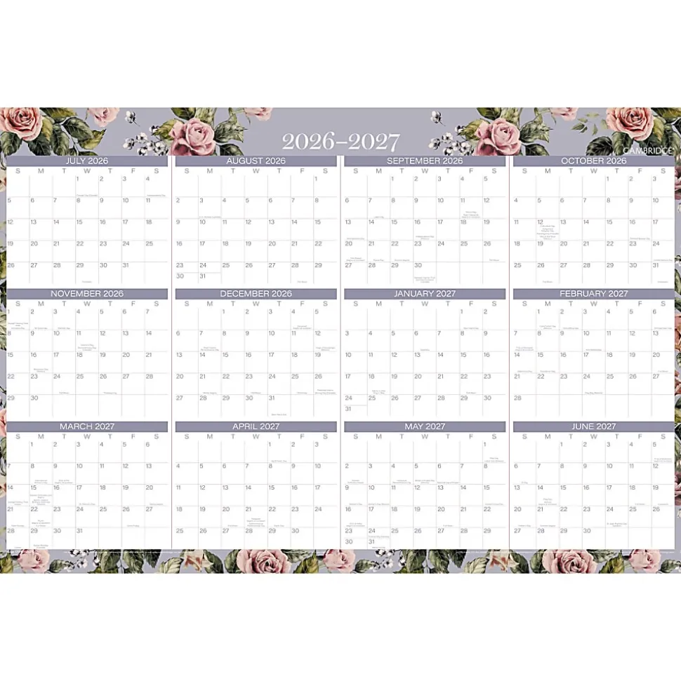 Mead Cambridge® Tea Rose 2026-2027 Erasable Wall Calendar, Reversible Academic Year/Regular Year, Large, 24" x 36"