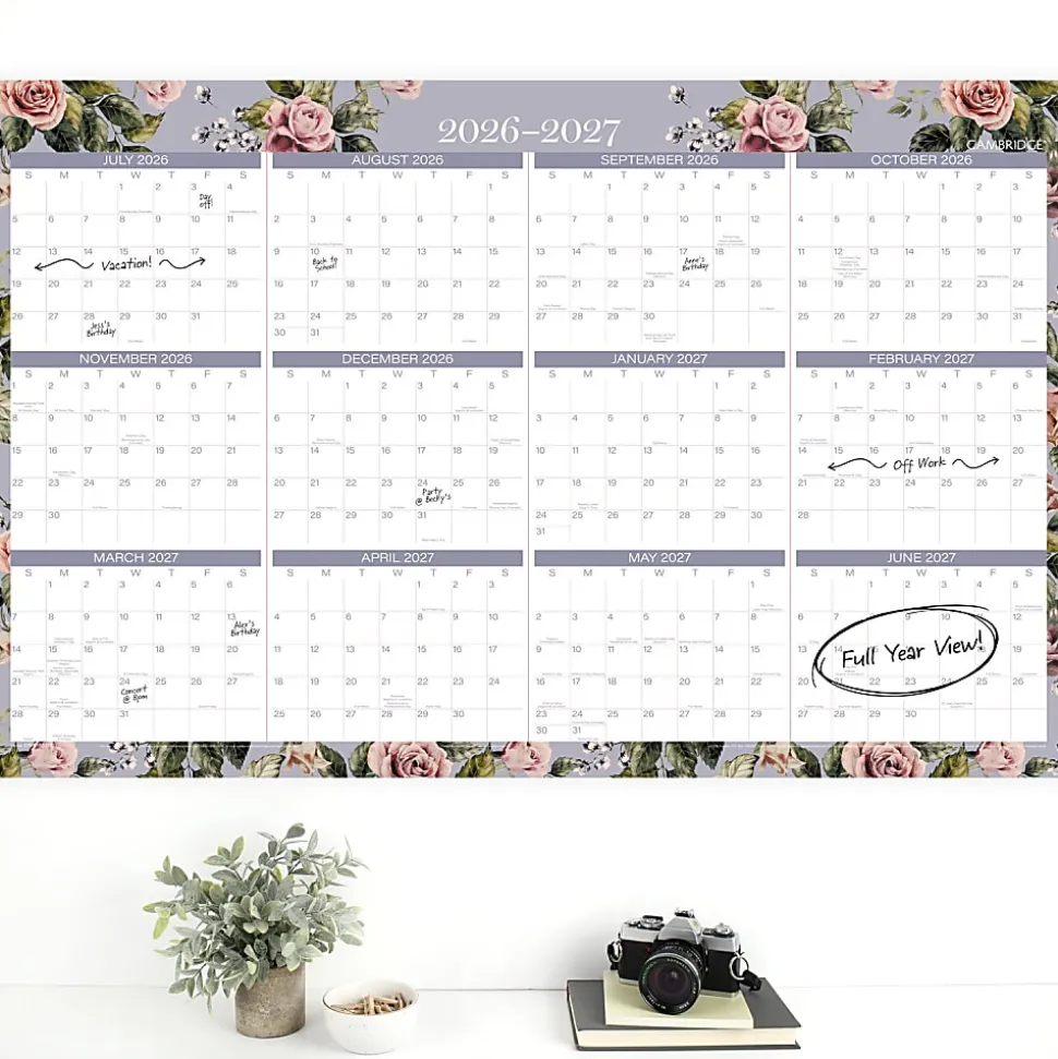 Mead Cambridge® Tea Rose 2026-2027 Erasable Wall Calendar, Reversible Academic Year/Regular Year, Large, 24" x 36"