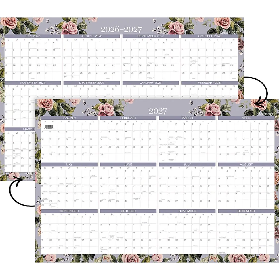 Mead Cambridge® Tea Rose 2026-2027 Erasable Wall Calendar, Reversible Academic Year/Regular Year, Large, 24" x 36"