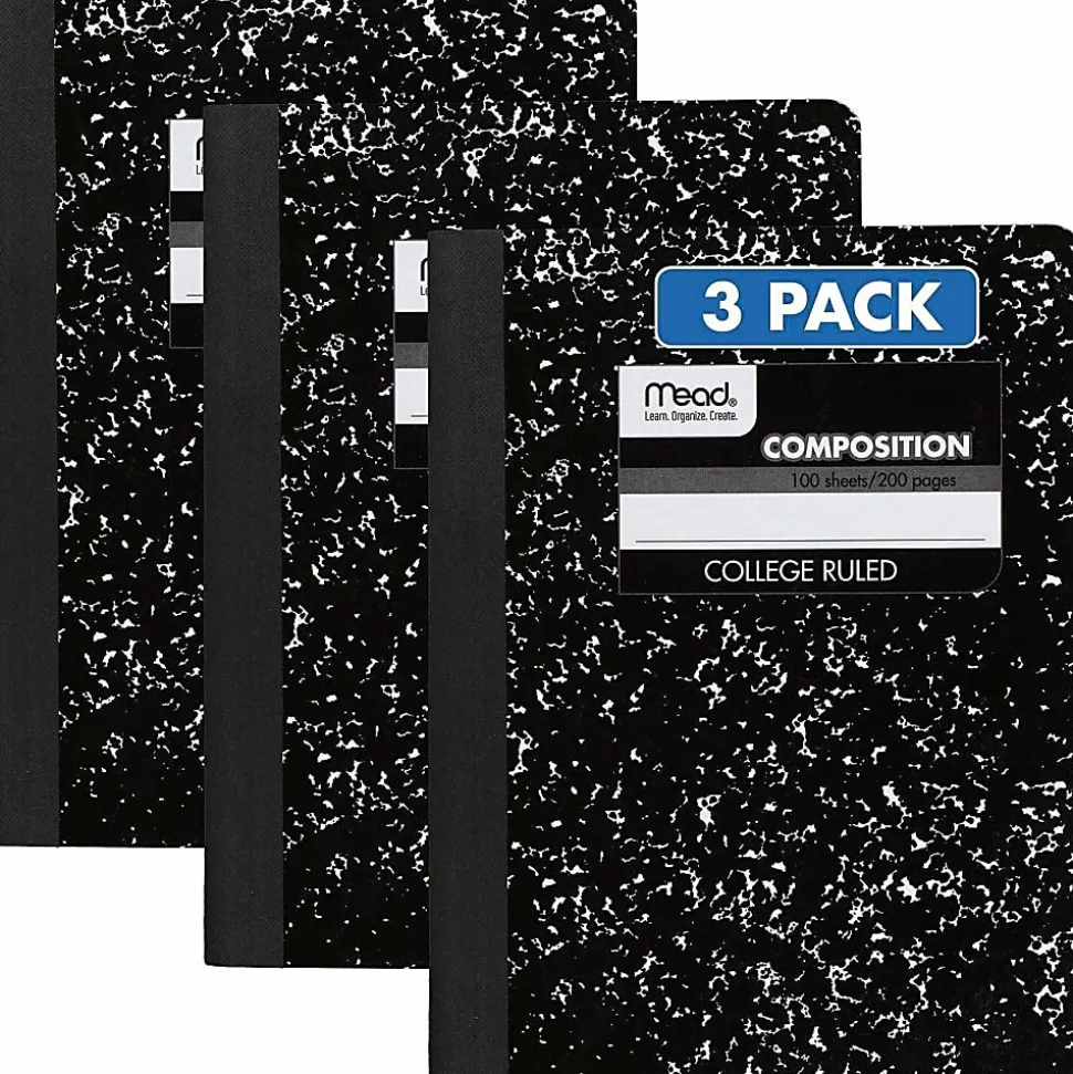 Mead® Composition Notebooks, 9 3/4" x 7 1/2", College Ruled, 100 Sheets, Black Marble, Pack Of 3