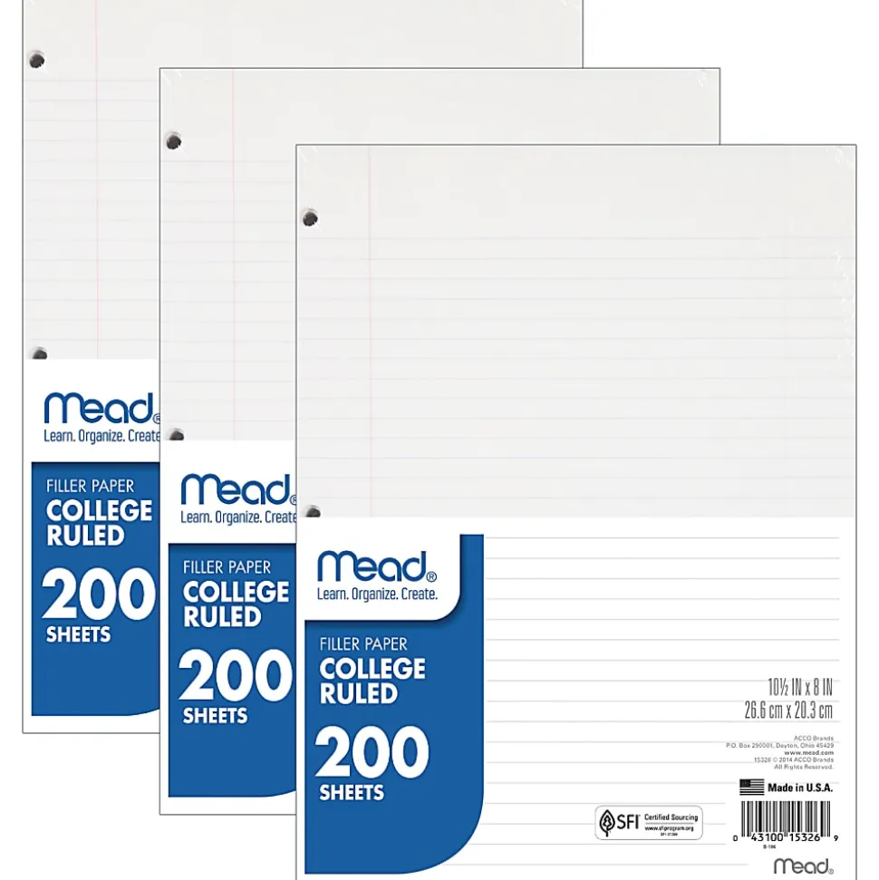 Mead® Notebook Filler Paper, 8" x 10-1/2", College Ruled, 200 Sheets Per Pack, Case Of 3 Packs
