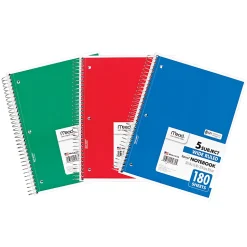 Mead® Spiral Notebooks, 8" x 10-1/2", 5 Subject, Wide Ruled, 180 Sheets, Assorted Colors, Pack Of 3 Notebooks