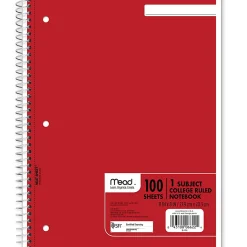 Mead® Spiral® Notebook, 8" x 11", 1 Subject, College Ruled, 200 Pages (100 Sheets), Assorted Colors