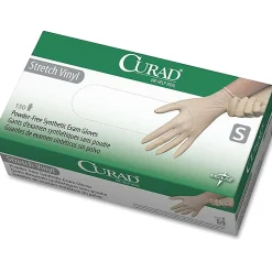 Medline Powder-free Stretch Vinyl Exam Gloves - Small Size - Vinyl - Cream - Stretchable, Powder-free, Latex-free, Non-sterile, Beaded Cuff, 150/PK