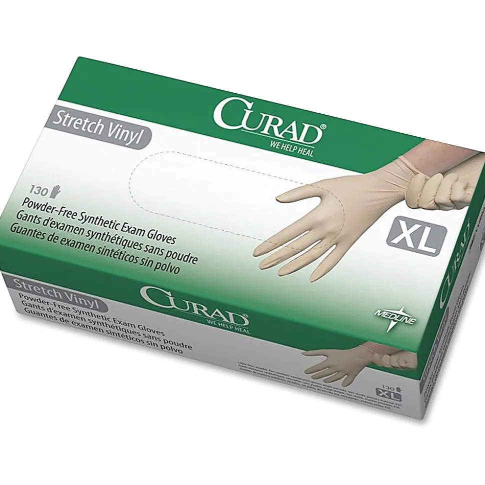 Medline Powder-free Stretch Vinyl Exam Gloves - X-Large Size - Vinyl - Cream - Stretchable, Powder-free, Latex-free, Non-sterile, Beaded Cuff, 130/PK