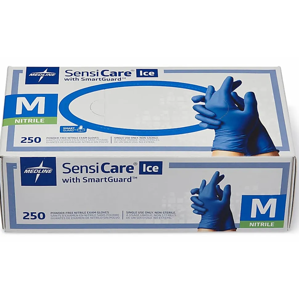 Medline SensiCare Ice Blue Nitrile Exam Gloves - 9.50" Glove - Medium Size - Dark Blue - Comfortable, Chemical Resistant, Latex, 250/PK