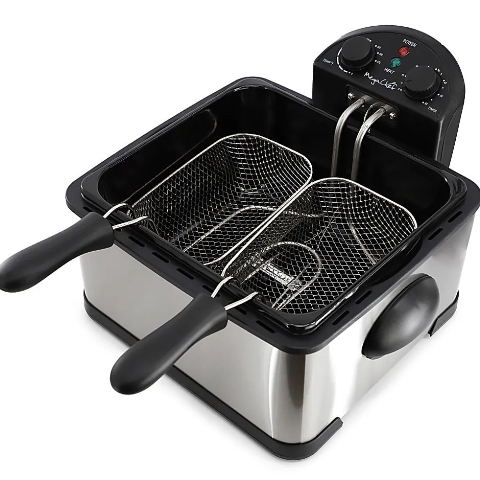 MegaChef 4.23-Quart Stainless Steel Electric Deep Fryer With Timer, 9-1/4”H x 15”W x 15”D, Black