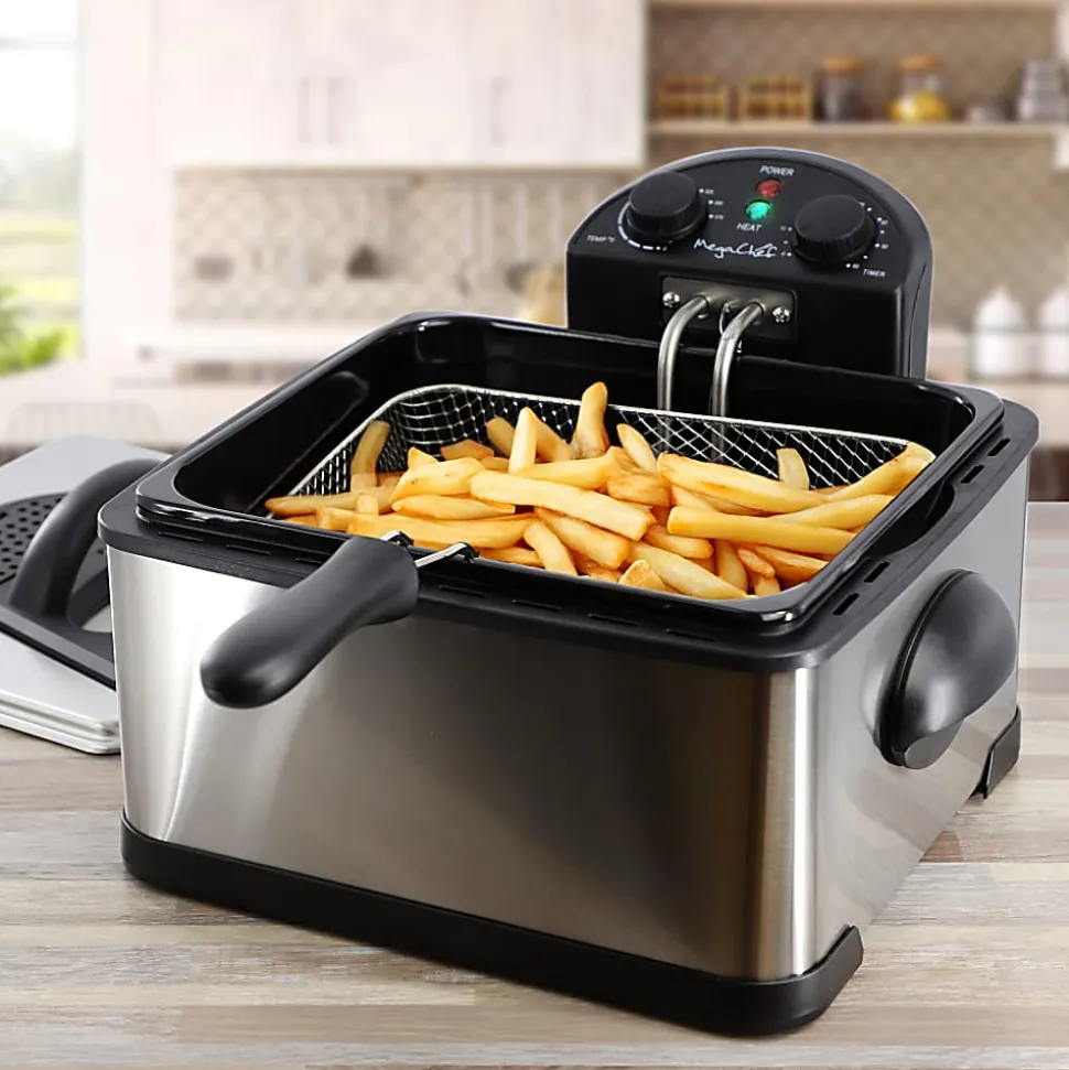 MegaChef 4.23-Quart Stainless Steel Electric Deep Fryer With Timer, 9-1/4”H x 15”W x 15”D, Black