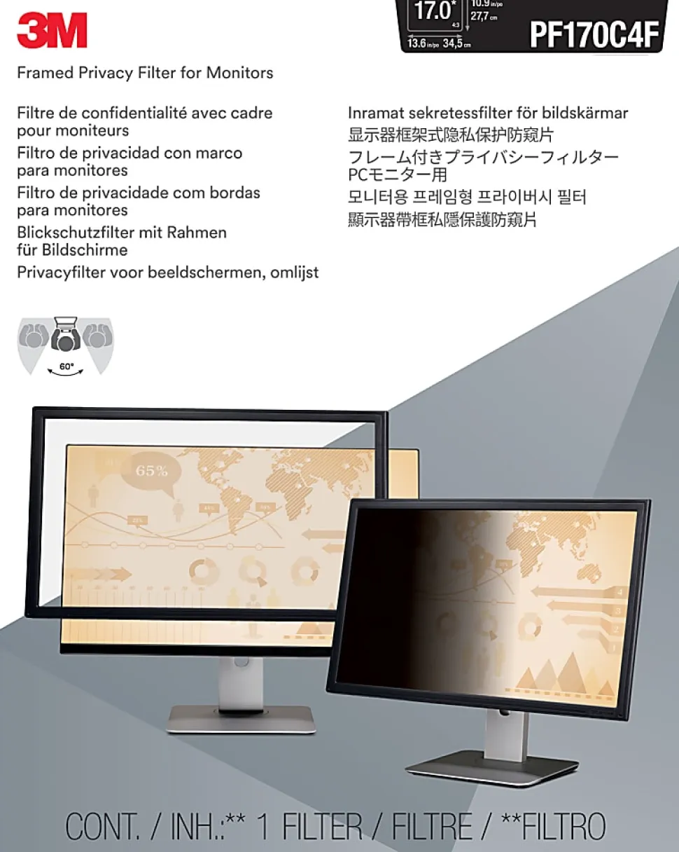 3M Framed Privacy Filter Screen for Monitors, 17" Standard (5:4), Reduces Blue Light, PF170C4F