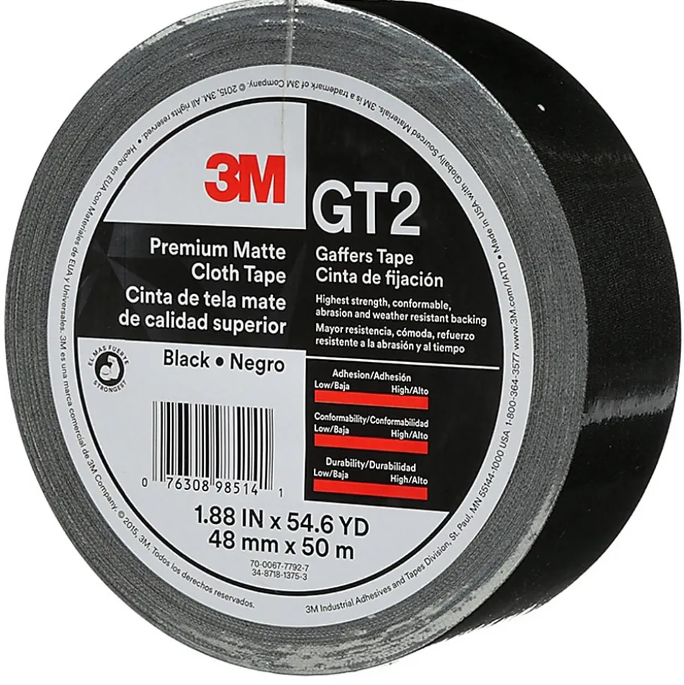 3M Gaffers Cloth Tape - 54.60 yd Length x 1.90" Width x 11 mil Thickness - Black - Vinyl - 1 Roll