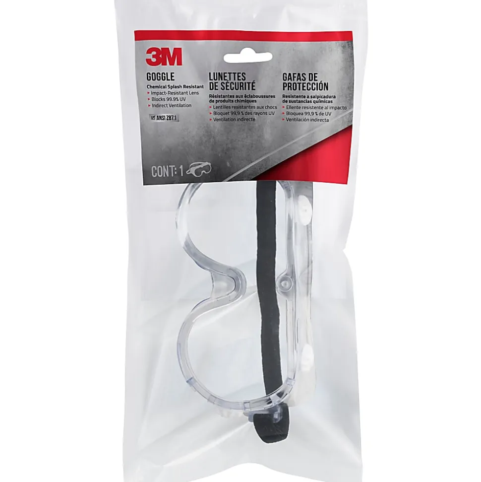 3M Goggle Chemical Splash, 1 Pack of Safety Goggles, Black Strap, Clear Lens