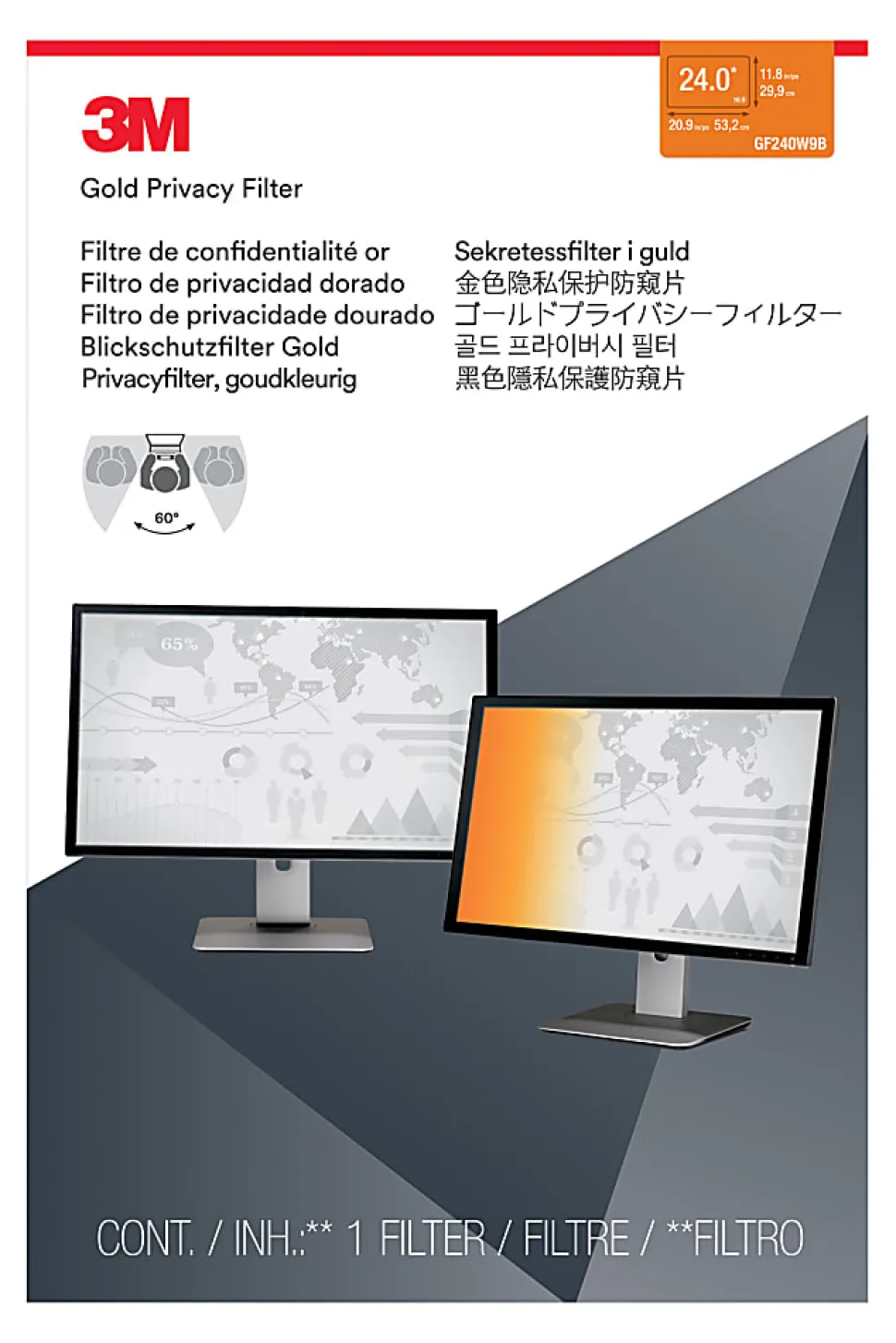 3M™ Gold Privacy Screen Filter Screen for 24" Widescreen Monitors, 16:10 Aspect Ratio, Reduces Blue Light