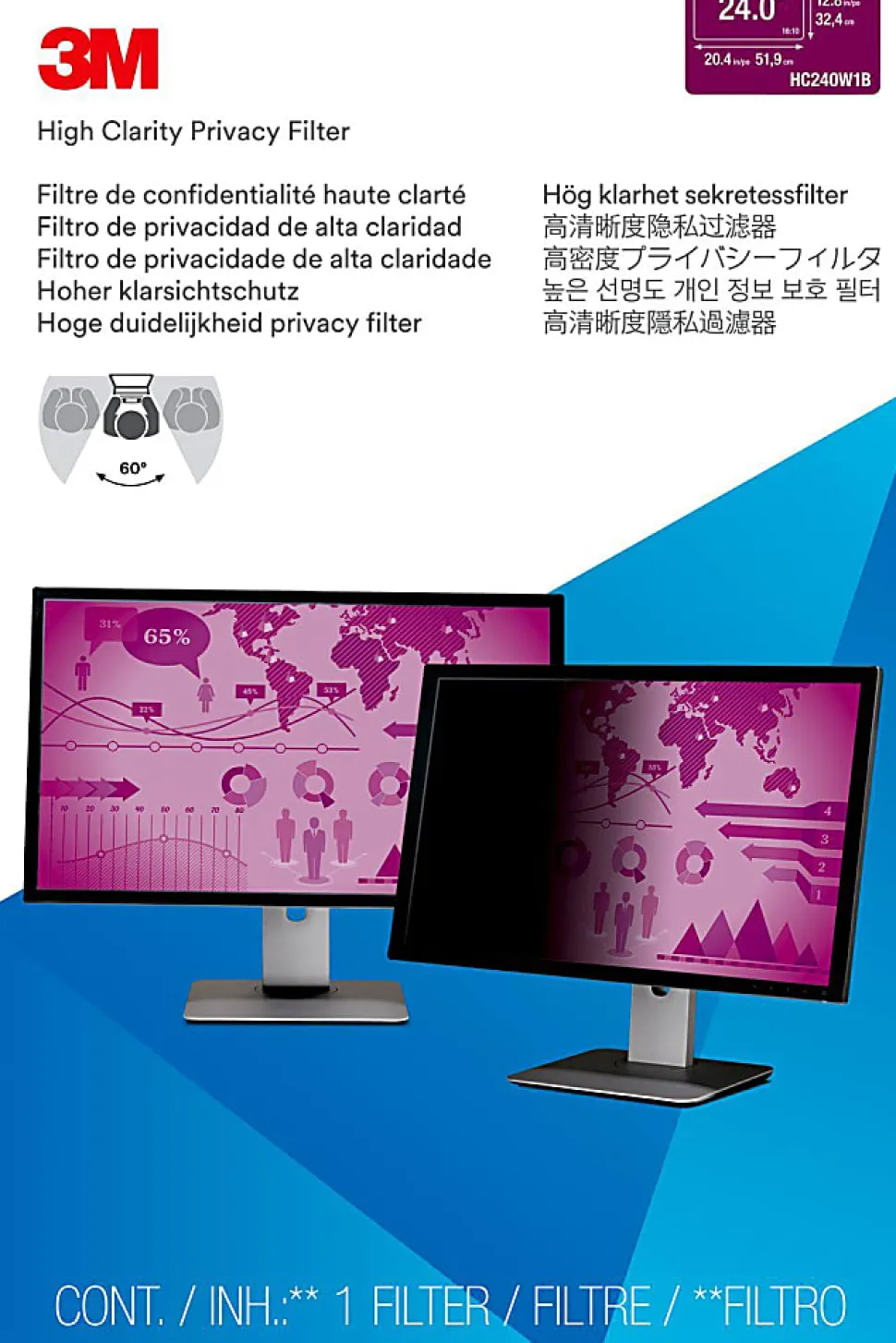 3M™ High Clarity Privacy Filter Screen for 24" Widescreen Monitors, 16:10 Aspect Ratio, Reduces Blue Light