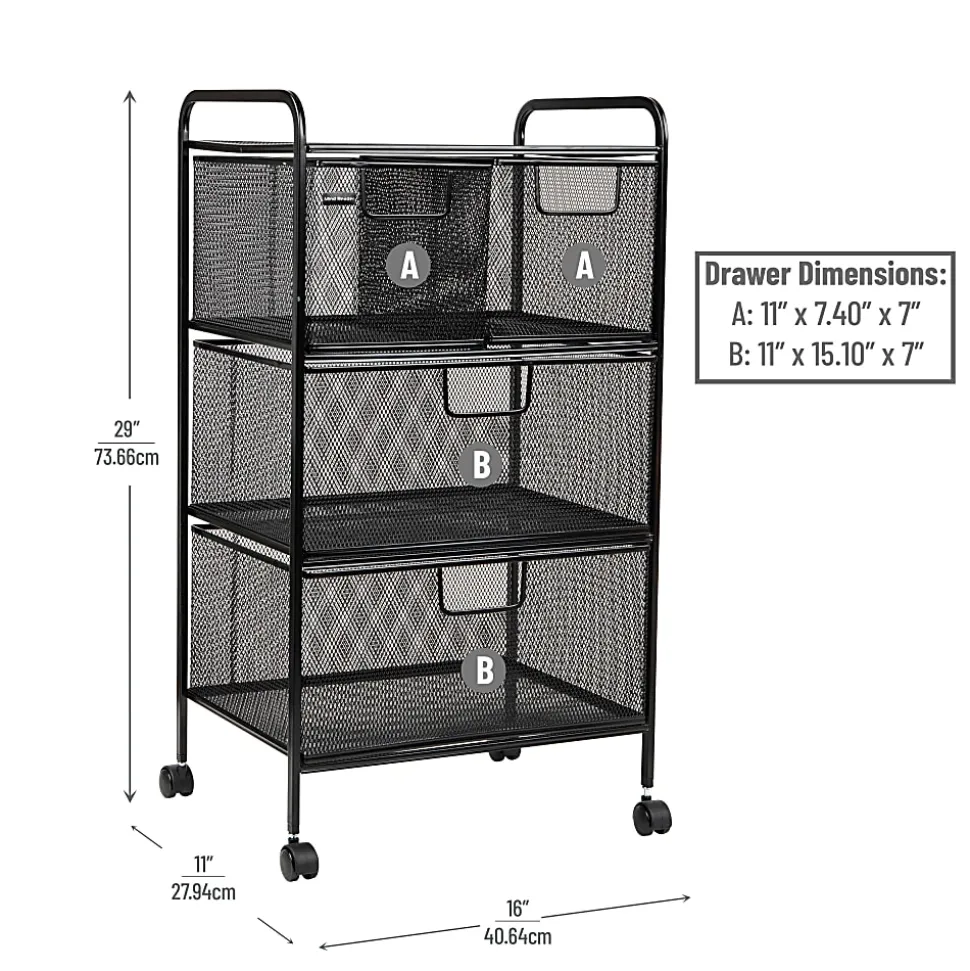 Mind Reader Cart with Drawers Multipurpose Office Organizer Utility Cart, Metal, 29"H x 11"W x 16"D, Black