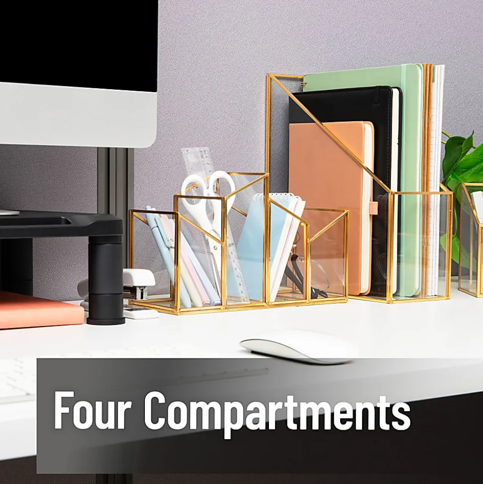 Mind Reader 4-Compartment Angled Glass Pen Holder With Copper Trim, 5-7/8"H x 9-1/2"W x 3-7/8"D, Clear, Total Quantity 1