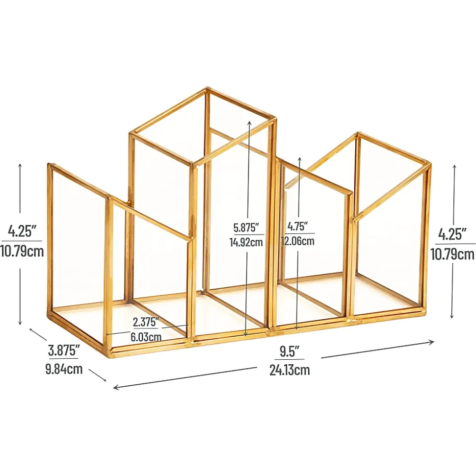 Mind Reader 4-Compartment Angled Glass Pen Holder With Copper Trim, 5-7/8"H x 9-1/2"W x 3-7/8"D, Clear, Total Quantity 1
