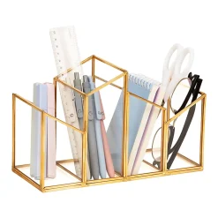 Mind Reader 4-Compartment Angled Glass Pen Holder With Copper Trim, 5-7/8