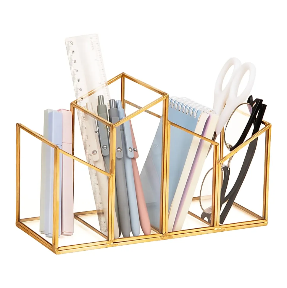 Mind Reader 4-Compartment Angled Glass Pen Holder With Copper Trim, 5-7/8"H x 9-1/2"W x 3-7/8"D, Clear, Total Quantity 1