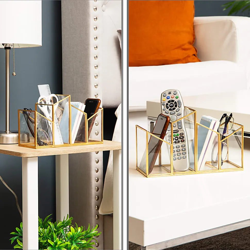 Mind Reader 4-Compartment Angled Glass Pen Holder With Copper Trim, 5-7/8"H x 9-1/2"W x 3-7/8"D, Clear, Total Quantity 1