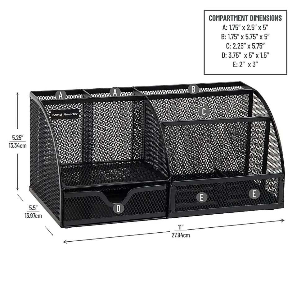 Mind Reader 7-Compartment Desktop Organizer, 5-1/4”H x 5-1/2”W x 11”D, Black