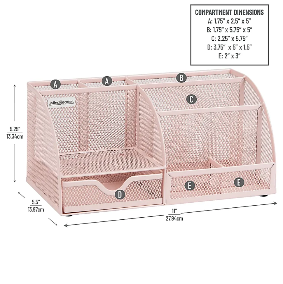 Mind Reader 7-Compartment Desktop Organizer, 5-1/4”H x 5-1/2”W x 11”D, Pink